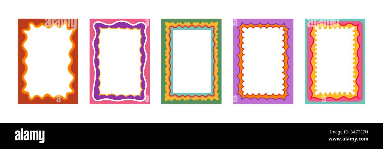 y2k-Rahmen mit Farbmuscheln, groovige, wellenförmige Ränder. Retro funky Vektor Set von rechteckigen Vorlagen mit gewellten Kanten in leuchtenden Farben von Grün, Lila, Yello Stock Vektor