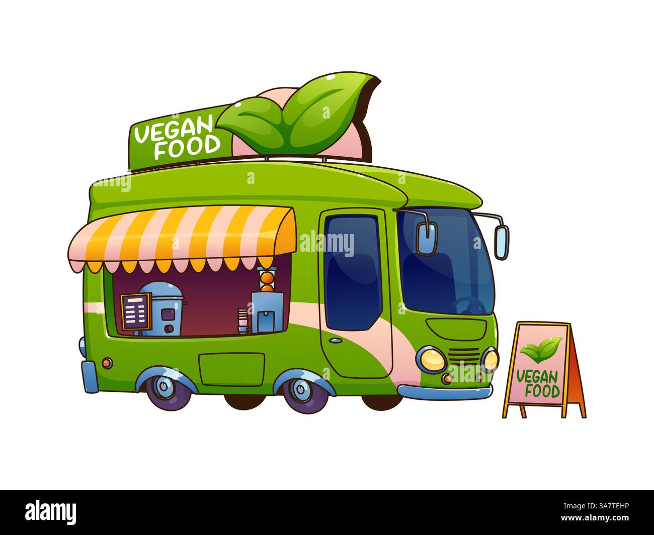 Cartoon veganer Food Truck Car, Festival Street Food Truck Van mit großem grünen Blatt Schild oben. Das isolierte Vektorfahrrad-Café hat einen offenen Service Stock Vektor