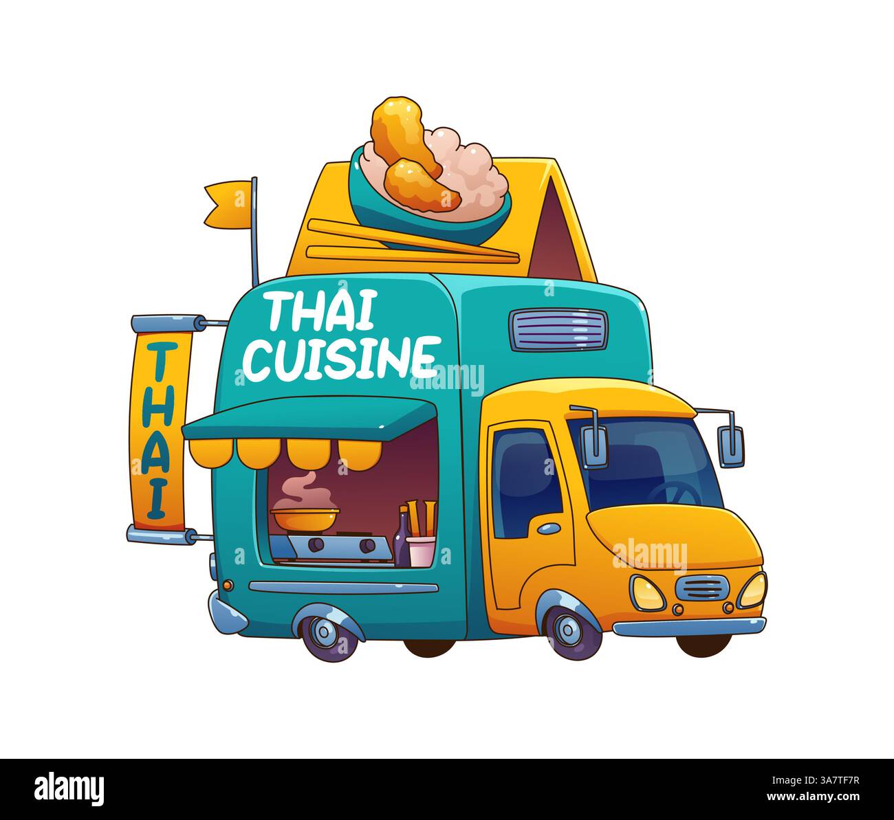 Cartoon Thai Cuisine Food Truck Car, Festival Street Foodtruck Van, mit einer großen Schüssel frittierter asiatischer Speisen, Essstäbchen und Reis darauf, offene Servi Stock Vektor
