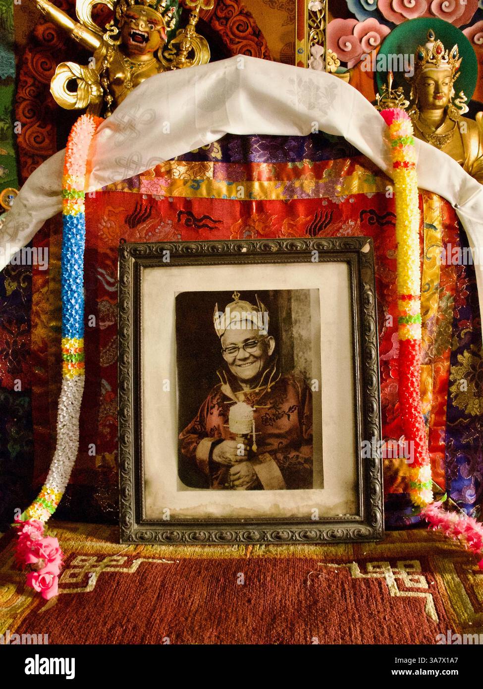 Gerahmtes Porträt von Lopön Tsechu Rinpoche auf einem reich verzierten Altar im Kloster Jamchen Lhakhang, im Boudhanath-Komplex, Kathmandu. Stockfoto