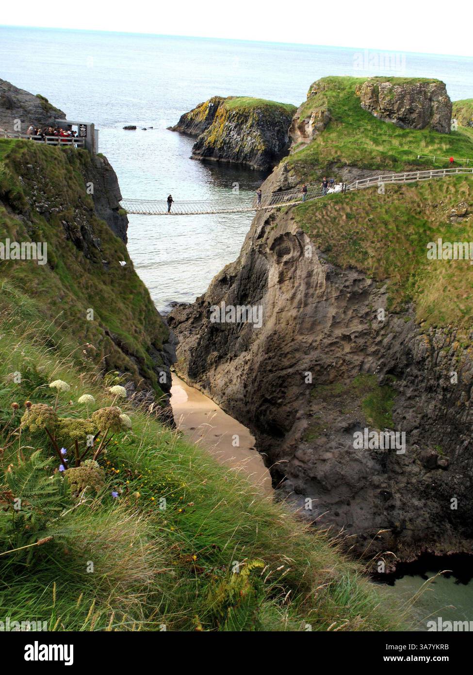 19. August 2011 - Causeway Coast, Nordirland, Großbritannien - Touristen spazieren über die Carrick-a-Rede Seilbrücke, eine berühmte Seilbrücke in der Nähe von Ballintoy im County Antrim. Die Brücke verbindet das Festland mit der winzigen Insel Carrickarede. Sie erstreckt sich über 20 Meter und liegt 30 Meter über den Felsen. (Bild: © Deirdre Hamill/ZUMAPRESS.com) Stockfoto