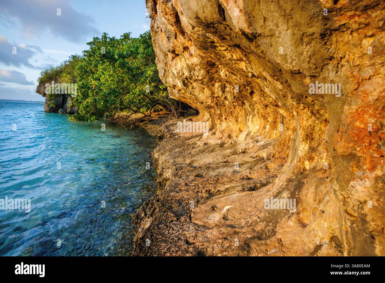 Küstenkalkküste mit Erosion durch jahrelange Wellenaktivität, Guam, Mikronesien, Marianen, Philippinisches Meer. Diese Funktion wird als bezeichnet Stockfoto