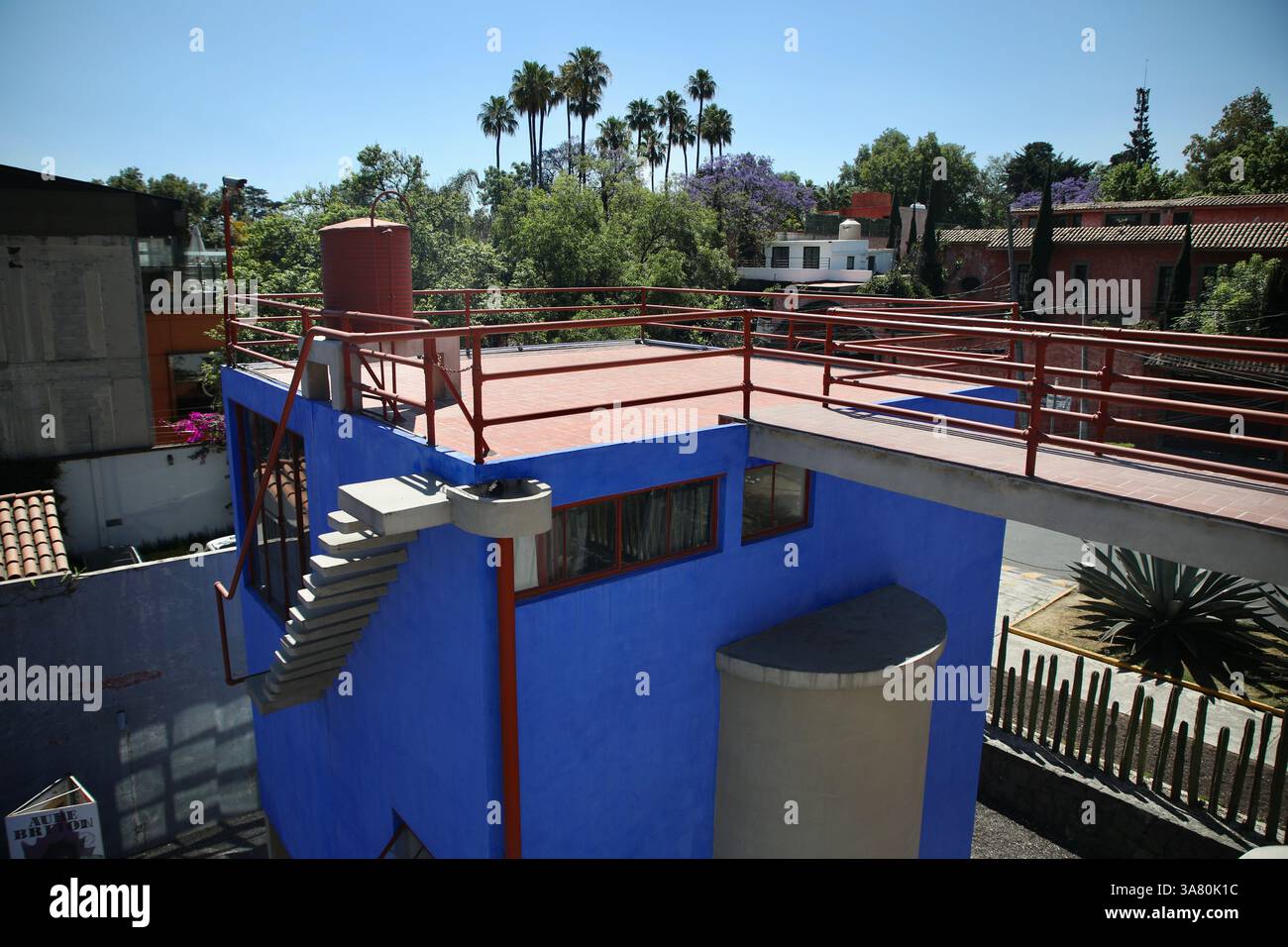 Mexiko, Mexiko. März 2025. Frida Kahlos Haus ist vom Dach des Diego Rivera House-Studio Museums aus zu sehen. Das Diego Rivera and Frida Kahlo House-Studio Museum ist ein 3-stöckiges Haus-Studio-Museum in San Ángel, Mexiko-Stadt, entworfen von dem Architekten Juan O’Gorman, einem Freund von Diego Rivera, und wurde 1932 fertiggestellt. Es ist eines der ersten „funktionalistischen“ Gebäude in Lateinamerika. Quelle: SOPA Images Limited/Alamy Live News Stockfoto