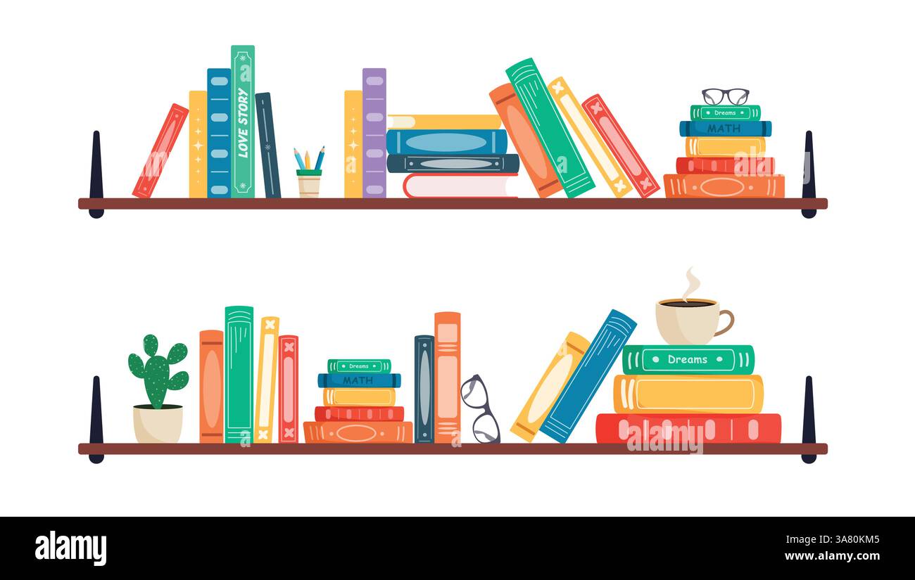 Bücher Regal Schule Bibliothek Clipart Set. Kinderbuchregale Heimbücher mit Kinderliteratur, Roman, Literatur und Fantasy zum Lesen von Material Stock Vektor