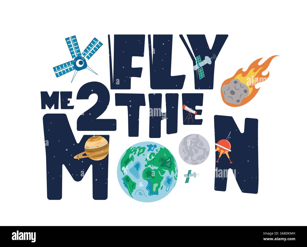 Clipart-Design mit T-Shirt-Print. Fly Me to the Moon – bedruckbare ClipArt im Weltraumdesign für trendige Kleidung, Mode und legere Kleidung Stock Vektor