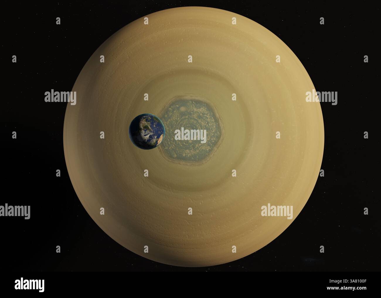 Planet Erde neben dem sechseckigen Sturm am Nordpol des Saturns, was die beeindruckende Größe dieses kosmischen Phänomens im Vergleich zu unserem Plan unterstreicht Stockfoto