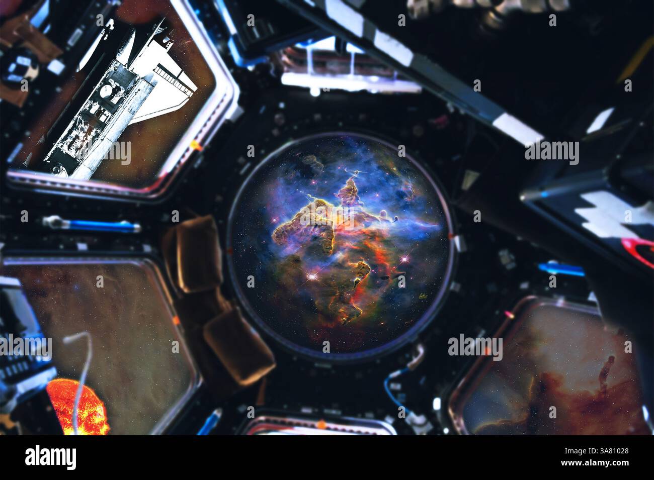 Raumschiff mit Blick auf den Weltraum, Planeten, Sterne und interstellaren Staub. Raumfahrt Interstellares Reisekonzept. Elemente dieser 3D-Darstellung illust Stockfoto