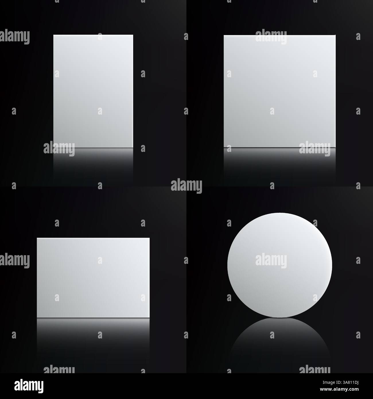 Vier weiße geometrische Formen, zwei Rechtecke, ein Quadrat und ein Kreis auf dunklem Hintergrund. Modernes minimalistisches abstraktes Kunstwerk, perfekt für Design Stock Vektor