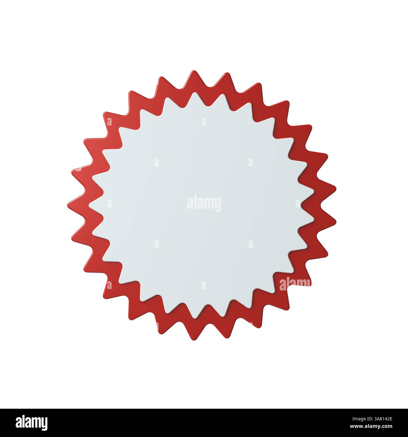 Leeres minimales 3D weißes rotes Sternenaufkleberschild Banner Produktpreis-Etikett für Verkaufsförderung Produktmarketing isoliert auf weißem Hintergrund m Stockfoto