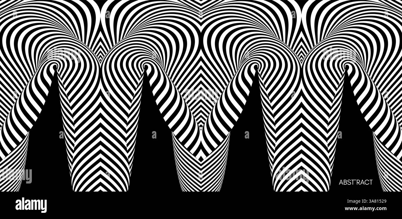 Schwarz-weißer abstrakter gestreifter Hintergrund. Optische Kunst 3D-Vektor-Illustration für Broschüre, Jahresbericht, Magazin, Poster, Präsentation, Flyer und Stock Vektor