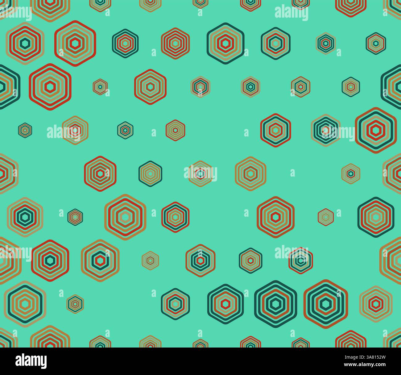 Hexagonales Vektormuster. Mehrfarbige geometrische Elemente unterschiedlicher Größe. Auffälliges, abgerundetes, gestapeltes Sechseck-Mosaikmuster. Sechseckige Zellen. Stock Vektor