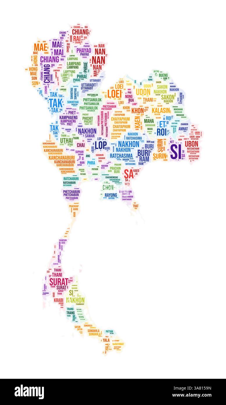 Wortwolke der Region Thailand. Ländliches Design. Thailand farbige Illustration. Bereichsnamen Collage Cloud. Vektorabbildung. Stock Vektor