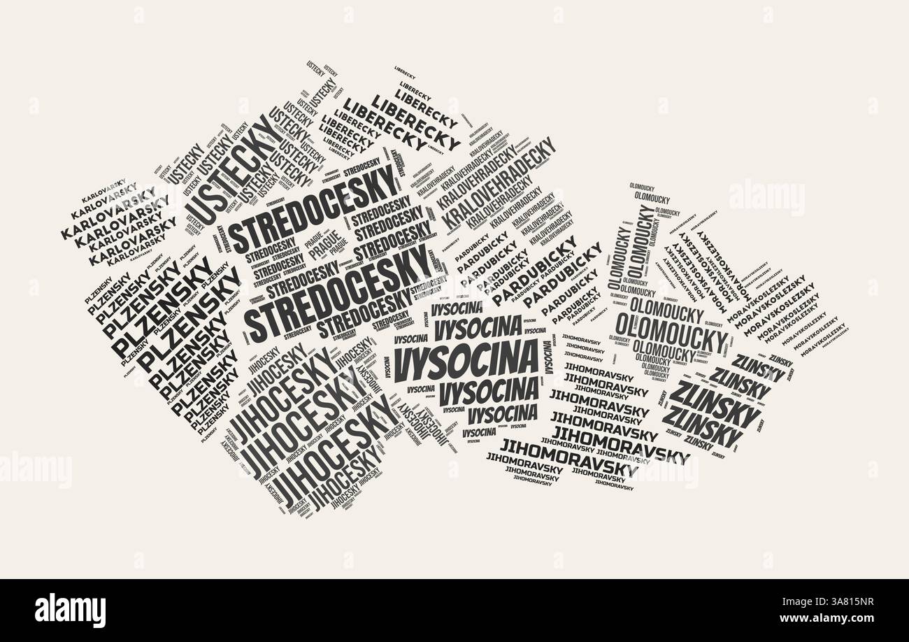 Tschechien Word Cloud. Land mit Geschäftsbereich Regionen. Tschechien typographischer Text Wolken Vektor-Bilddesign. Landschaftbild im Vintage gazette-Stil. Stock Vektor