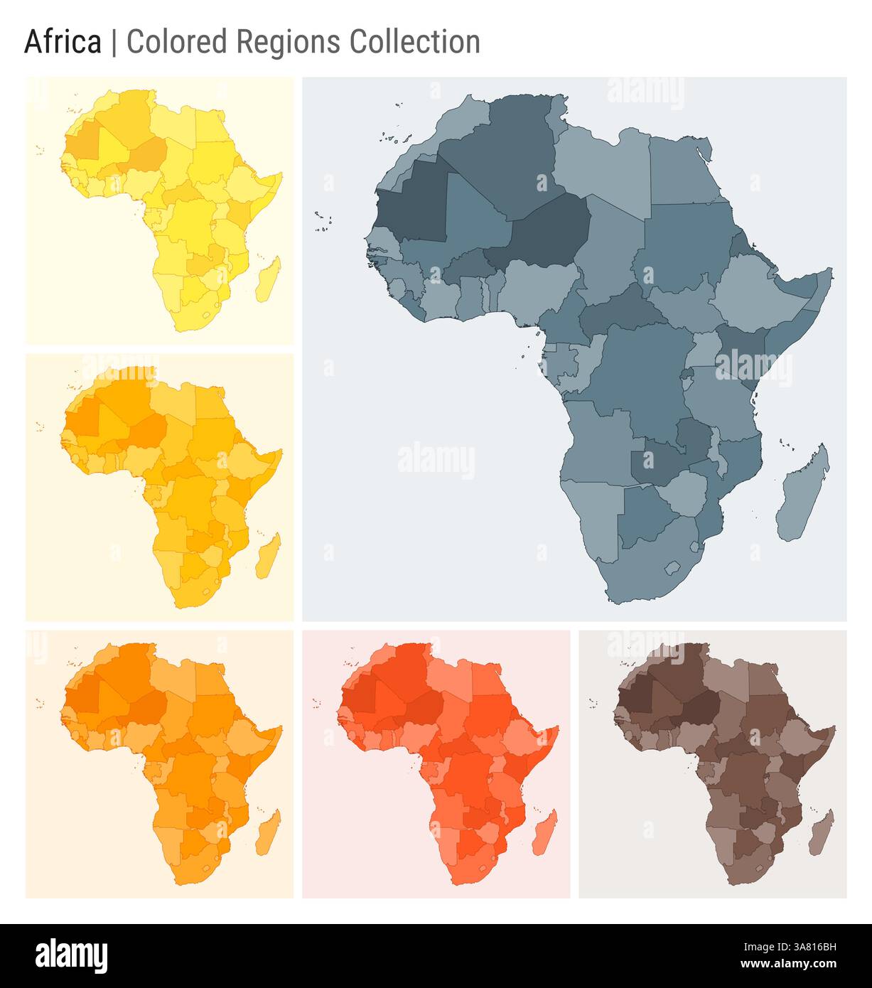 Afrika. Kartensammlung. Kontinentalform. Farbige Länder. Blaugrau, Gelb, Bernstein, Orange, Deep Orange, braune Farbpaletten. Stock Vektor