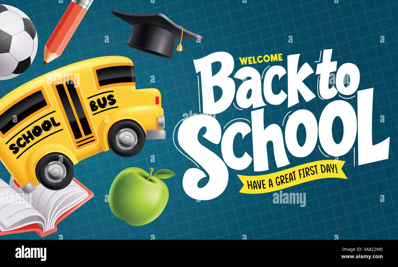 Willkommen zurück zur Schule Clipart-Vorlage. Schulgrußtext Bildungs-Clip-Art-Design mit Bus-, Buch-, Apfel-, Mörtelbrett- und Kugelelementen Stock Vektor