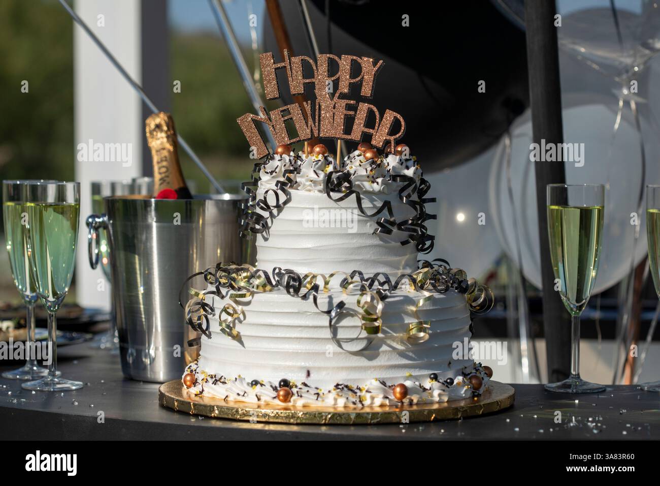 Happy New Year Kuchen Party Show Stockfoto