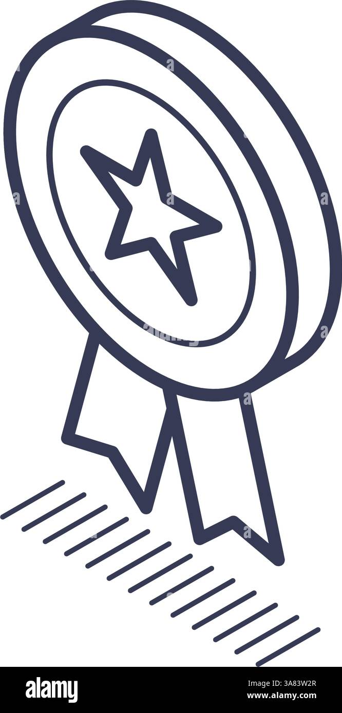 Das Symbol der isometrischen Linie zeigt eine Medaille mit einem Stern in der Mitte und von unten fließenden Bändern. Es repräsentiert Erfolge und Auszeichnungen, macht es zu Stock Vektor