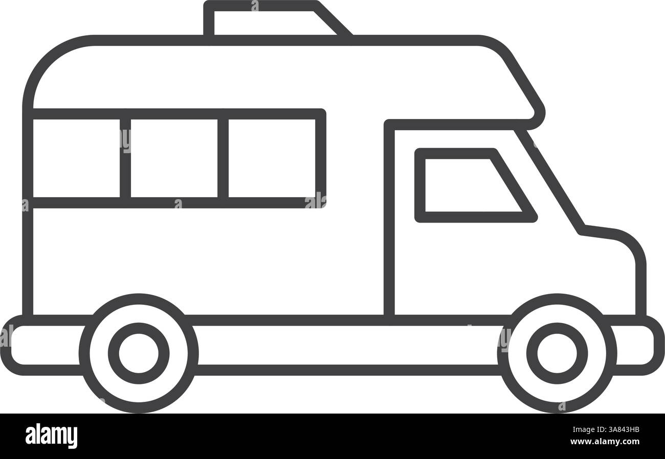 Das Symbol für Wohnmobile in flacher Linienführung. Camper-Vektor-Illustration auf isoliertem Hintergrund. Verkehrsschild Geschäftskonzept. Stock Vektor