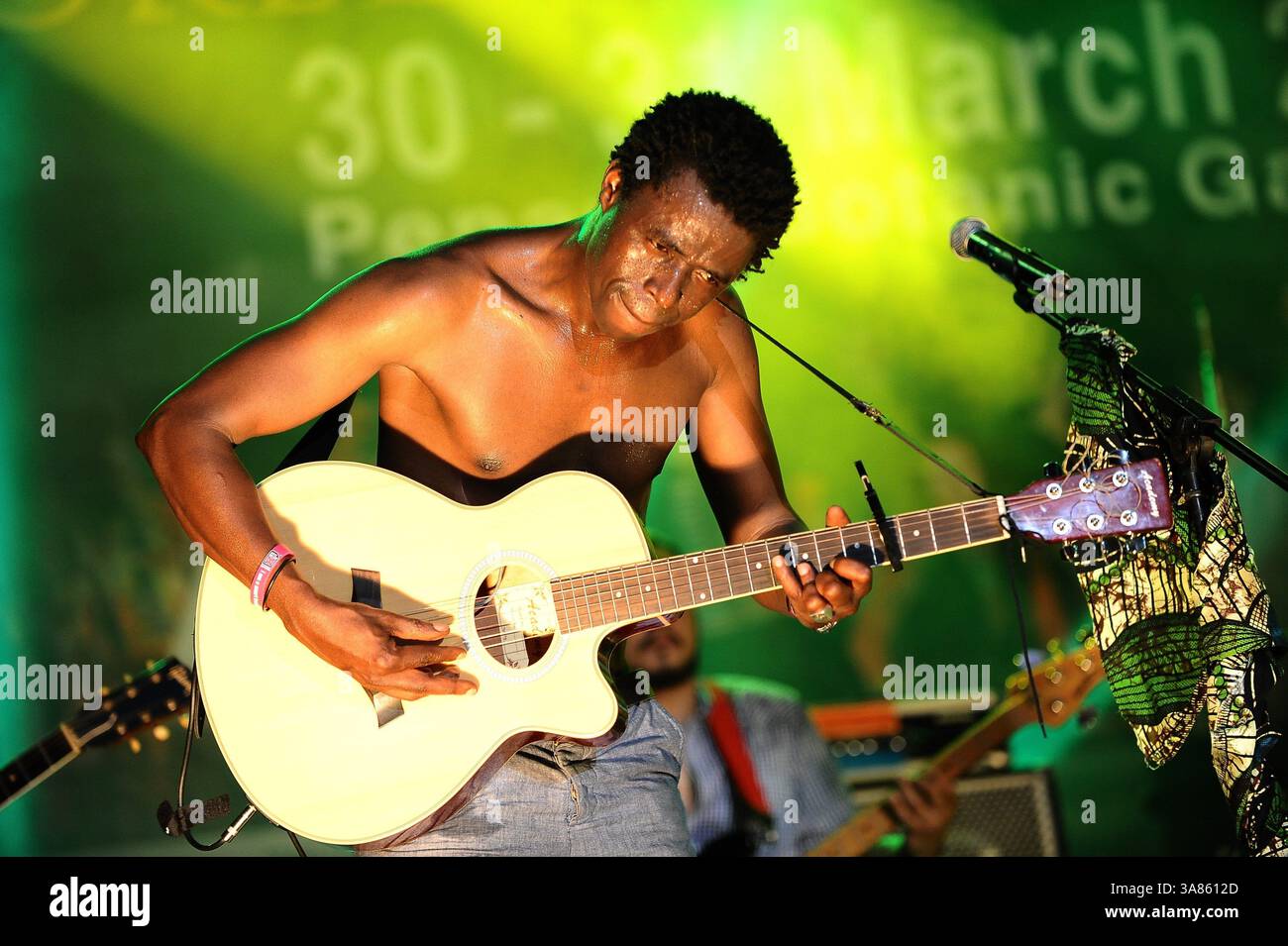 31. März 2013 – Penang, Malaysia – Kimi DjabatÅ½, bissau-guineischer Afro-Beat/Blues-Musiker, tritt am 2. Tag des Penang World Music Festivals 2013 im Penang Botanic Gardens im Steinbruchpark auf. (Bild: © Robertus Pudyanto/ZUMAPRESS.com) Stockfoto