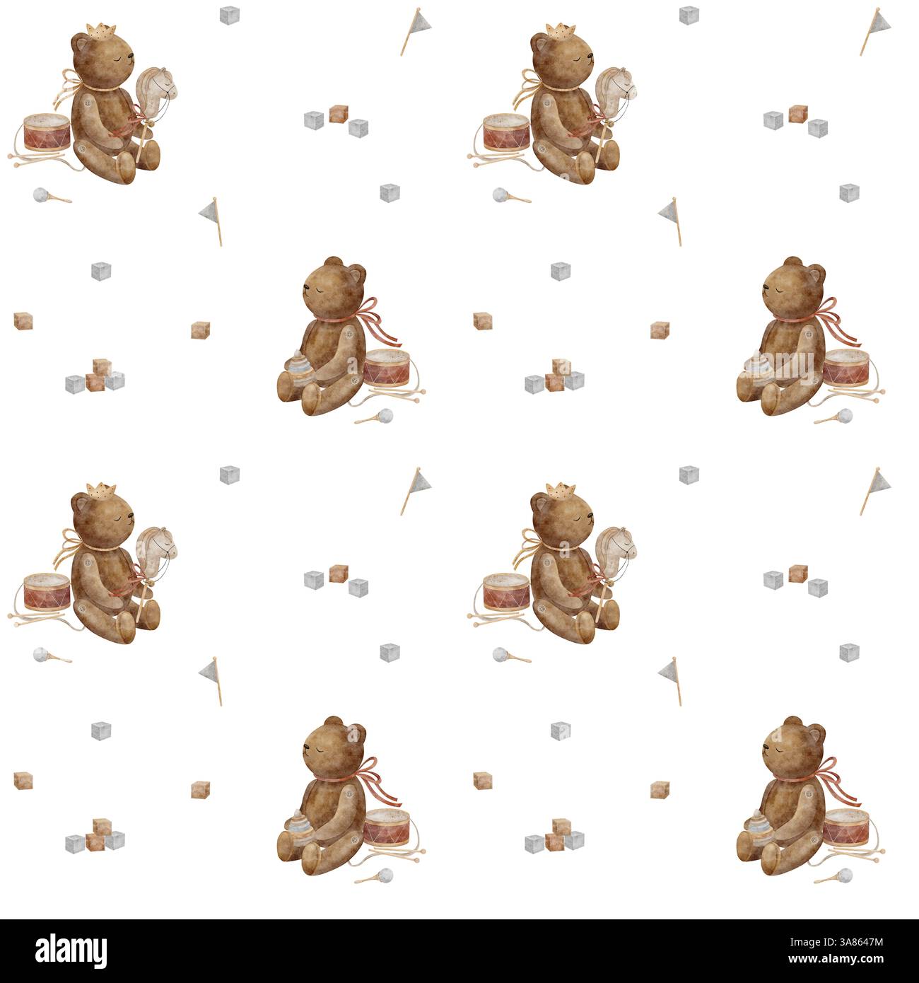 Nahtloses Muster Prinzessin Teddybär in Krone hält ein Pferd auf einem Stock beige Pastellfarbe. Aquarellabbildung auf einem isolierten weißen Hintergrund Stockfoto