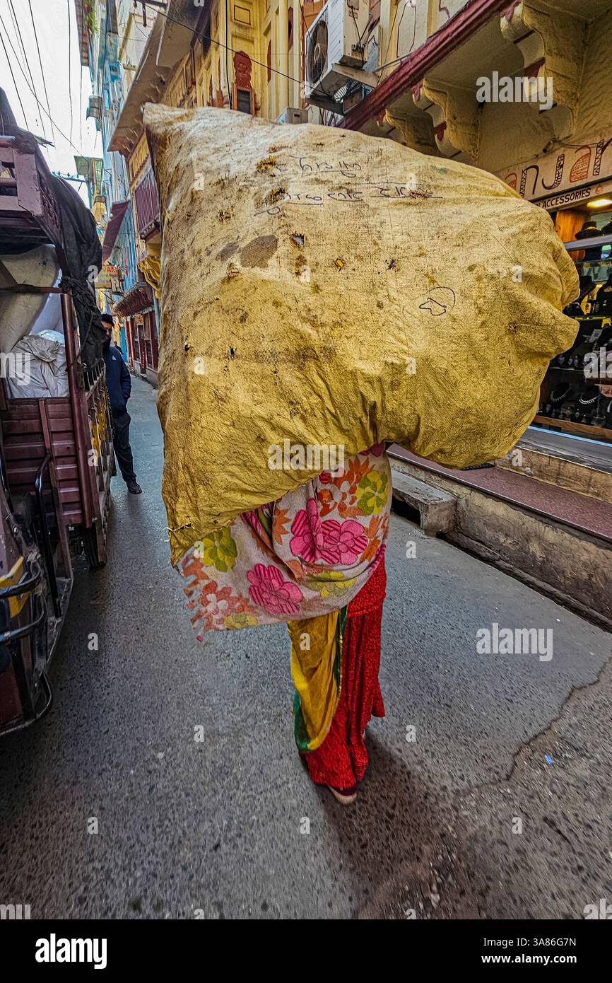 Überladene Frau, Jodhpur, Rajasthan, Indien Stockfoto