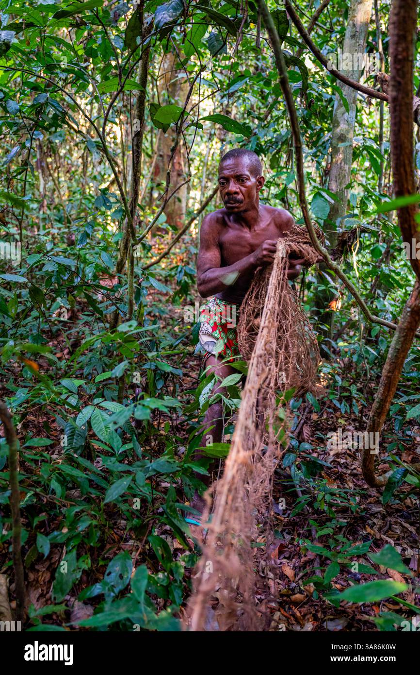 Pygmy man bereitet das Netz für die Netzjagd vor, Dzanga Sangha Nationalpark, UNESCO, Zentralafrikanische Republik Stockfoto