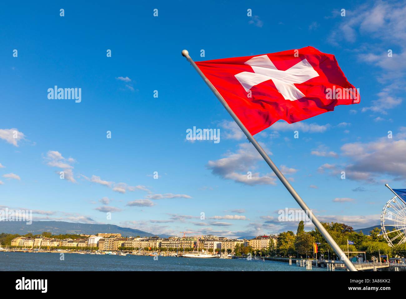 Schweizer Flagge, Genfer See, Genf, Schweiz Stockfoto