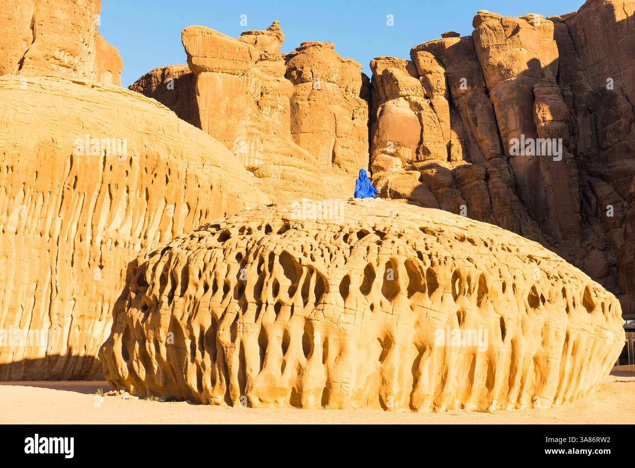 Elyseria von der Künstlerin Lita Albuquerque, die auf einem bemerkenswerten Sandsteinfelsen sitzt, 2020 Desert X Alula Ausstellung, Ashar Valley, Saudi Arabien Stockfoto