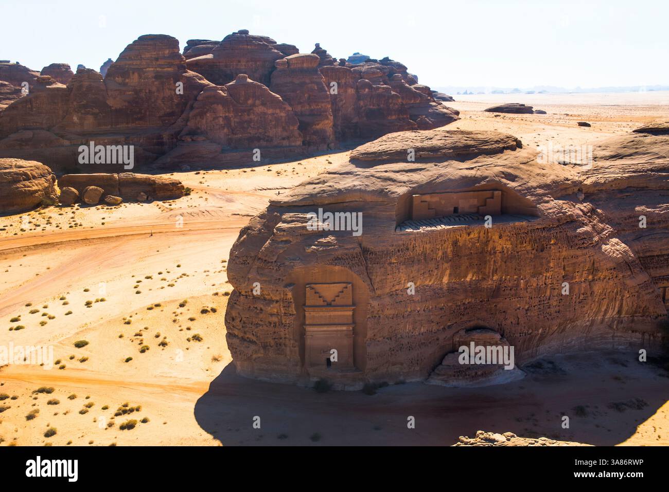 Luftaufnahme der Stätte Hegra (Madain Salih), UNESCO, in der Gegend von Alula, Provinz Medina, Saudi-Arabien Stockfoto