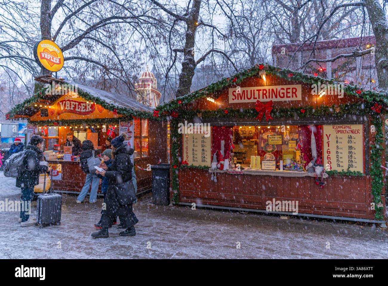 Blick auf den Weihnachtsmarkt in der Abenddämmerung, Stortingsparken, Oslo, Norwegen, Skandinavien Stockfoto
