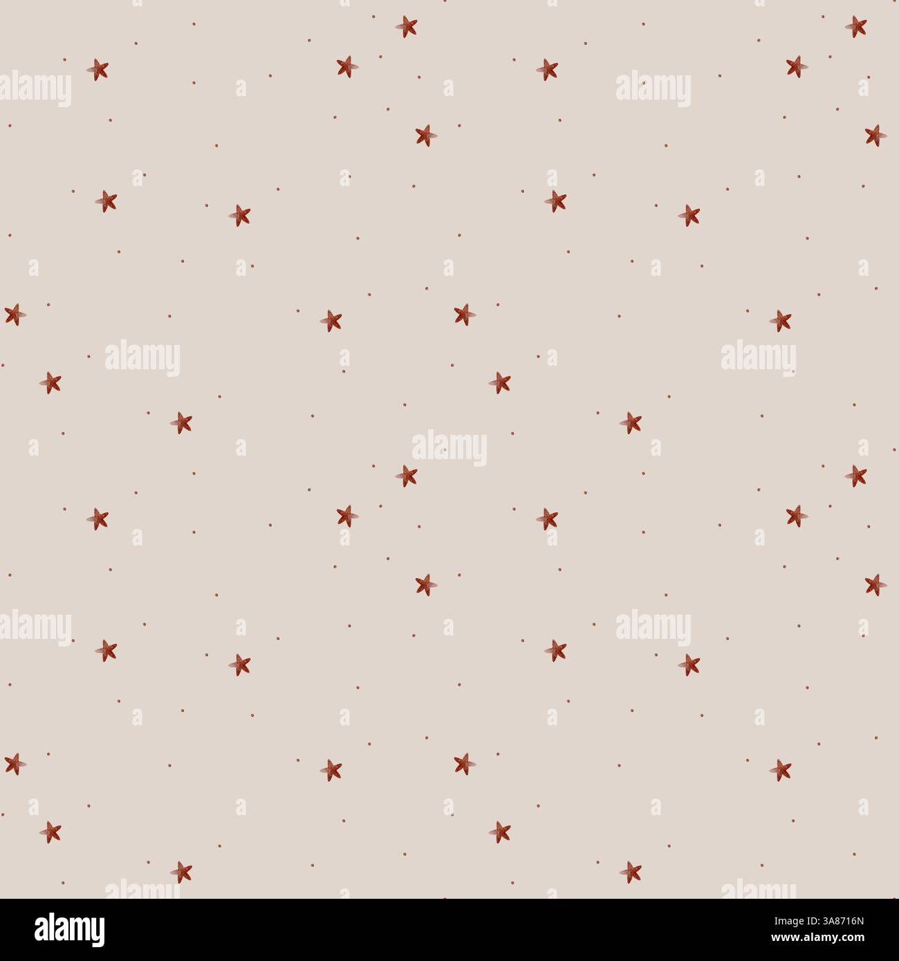 Muster Aquarellabbildungen Retro-rote Sterne, Punkte, Konfetti auf einem farbigen beigefarbenen Pastellhintergrund. Nahtloses Design im Vintage-Stil Stockfoto