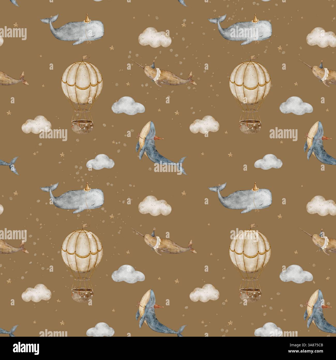 Vintage-Wale mit Aquarellmuster, Narwal, Pottwal, Heißluftballon, Wolken handgezeichnete Illustrationen auf Cartoon-Stil beige, ockerfarbene Retro Stockfoto