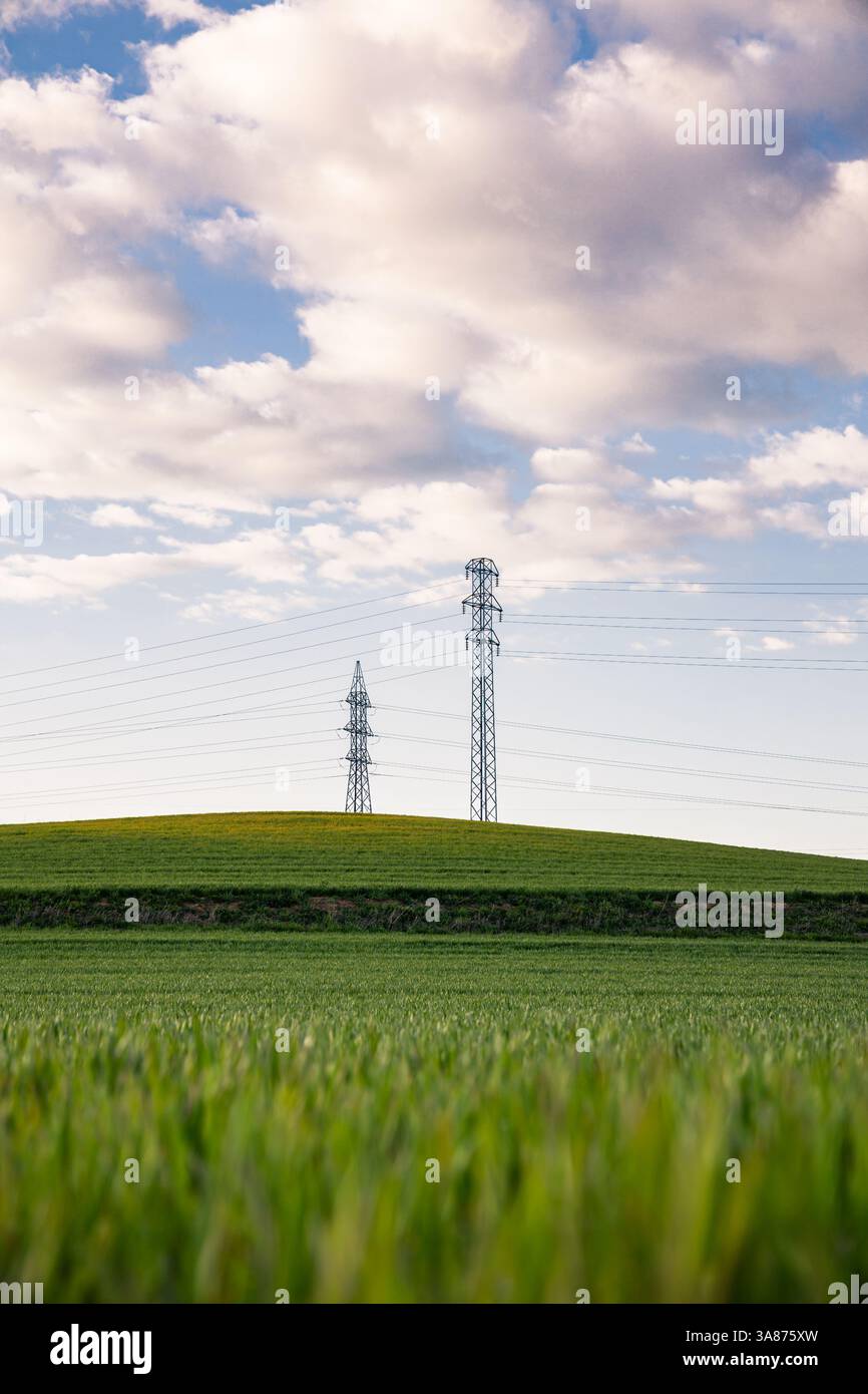Eine vertikale Komposition, die zwei Strommasten auf einem sanft ansteigenden Hügel mit üppigem grünen Gras und einem dramatischen Himmel erfasst Stockfoto