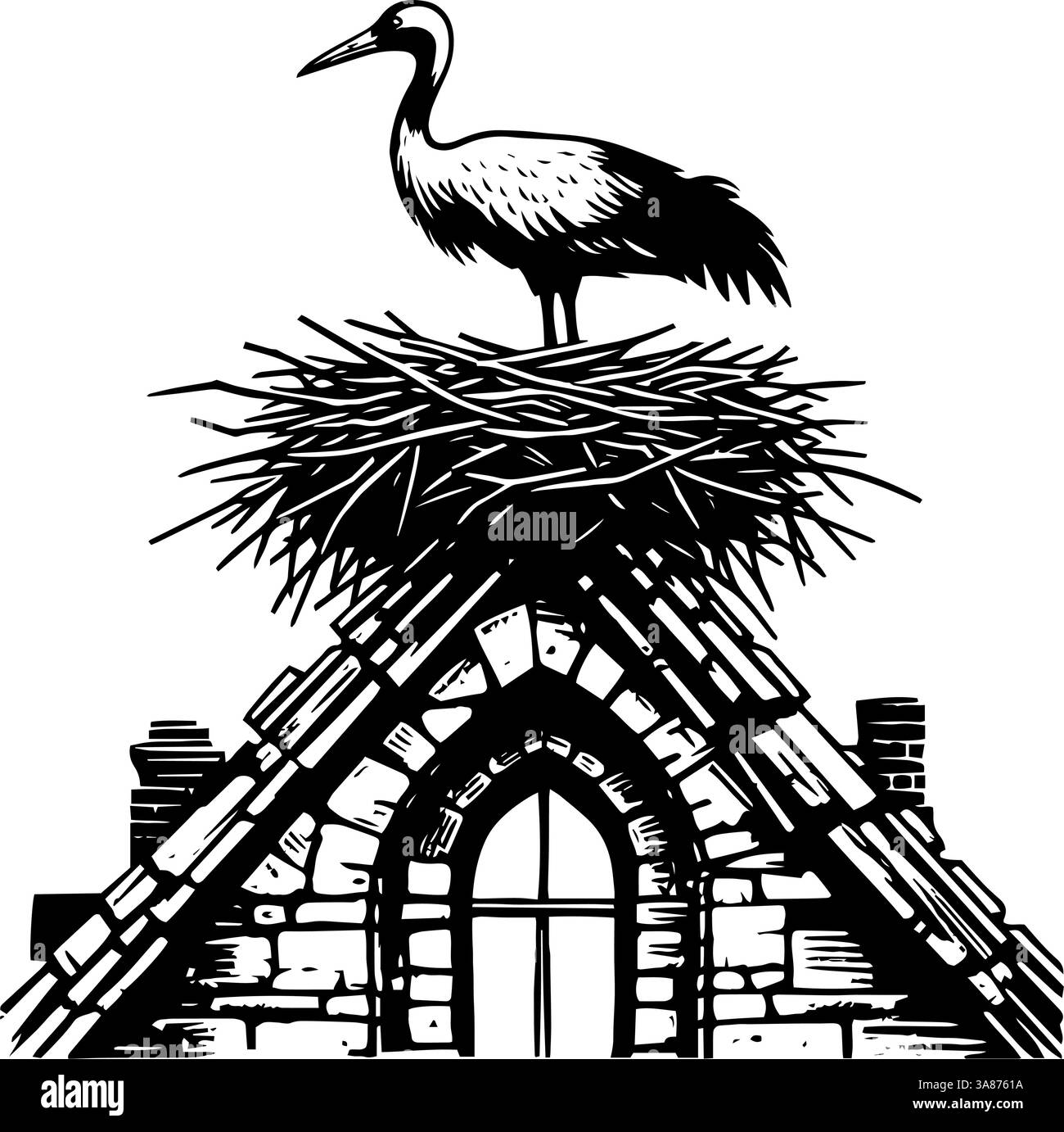 Storch auf dem Nest über dem alten Gebäude. Klassisches Schwarz-weiß-Vektorbild eines Storchs, der in seinem Nest auf einer historischen Steinstruktur ruht. Stock Vektor
