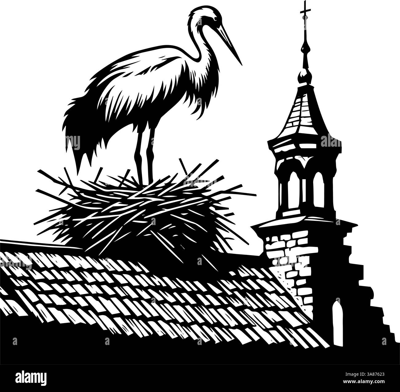 Storch auf dem Nest über dem alten Gebäude. Detaillierte Abbildung eines Storchs auf einem Nest, das auf dem Dach eines alten Gebäudes gebaut wurde. Stock Vektor