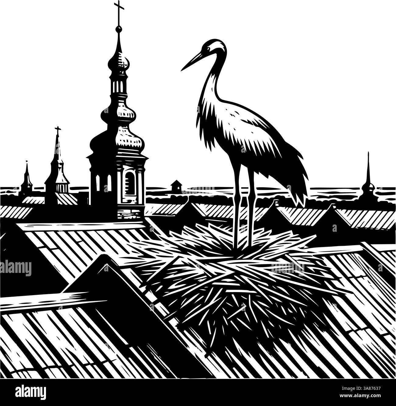 Storch auf dem Nest über dem alten Gebäude. Klassisches Schwarz-weiß-Vektorbild eines Storchs, der in seinem Nest auf einer historischen Steinstruktur ruht. Stock Vektor