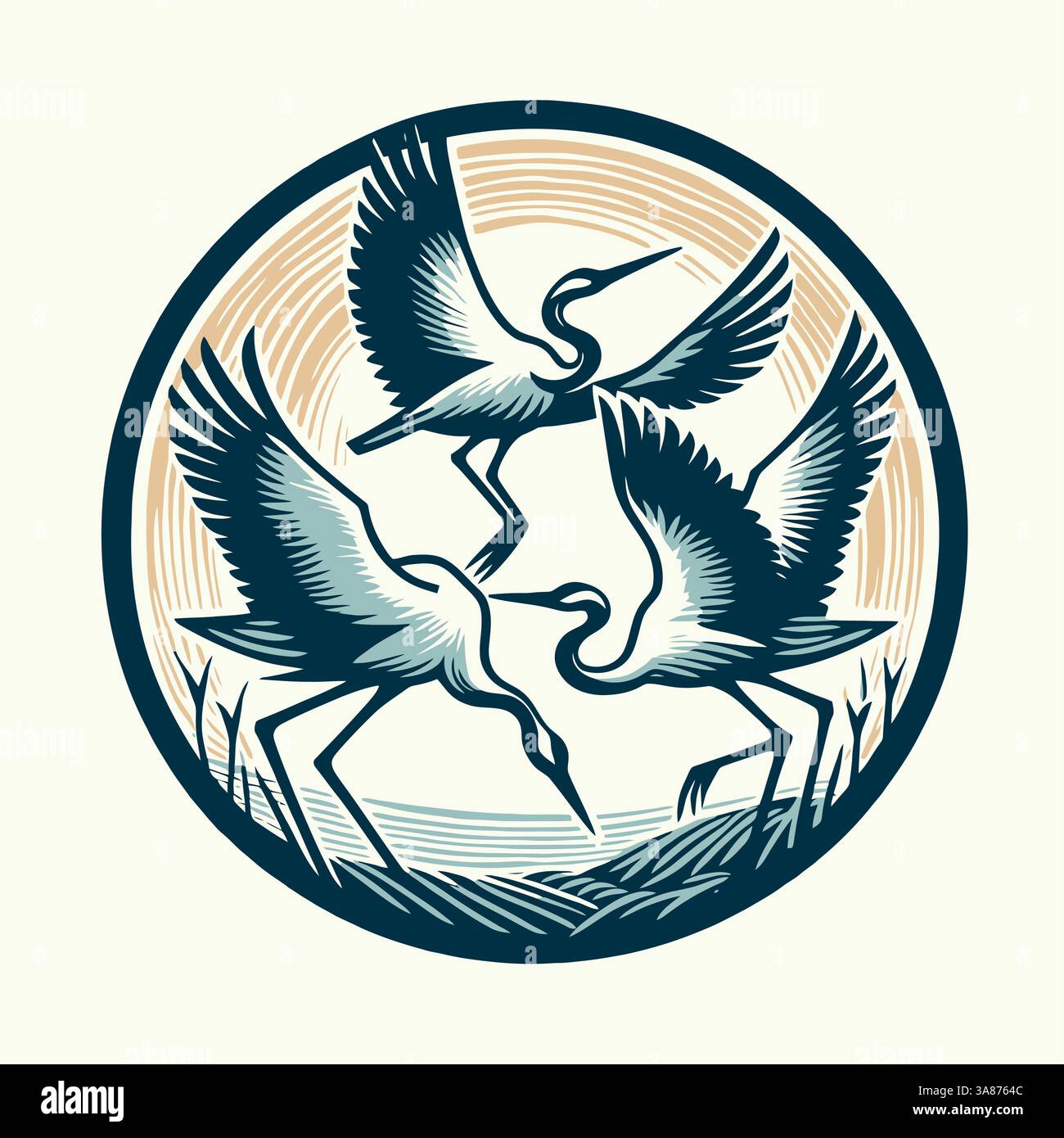 Drei Störche in kreisförmigem Design. Vektor-Illustration mit drei Störchen in einer stilisierten natürlichen Umgebung, perfekt für Logos oder Embleme. Stock Vektor