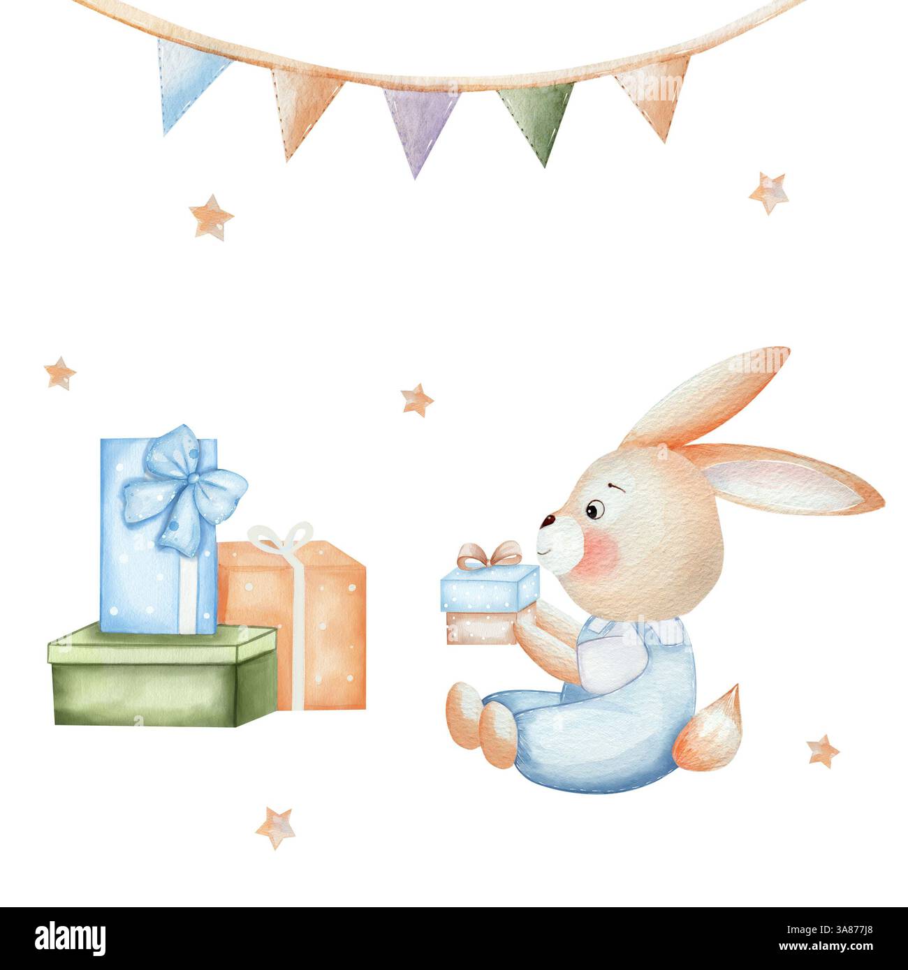 Ein Häschen sitzt mit einem Geschenk neben einem Berg von Geschenkboxen. Eine wunderschöne bunte Girlande hängt und goldene Sterne leuchten. Vorlage für Grußkarte, Design, Poster, Party, Kindergeburtstag Stockfoto