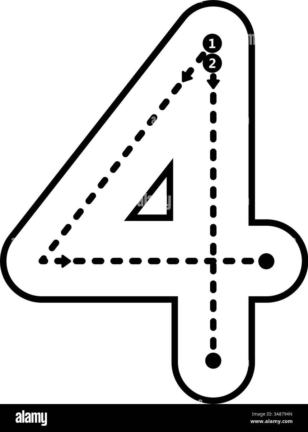 Rückverfolgung Nummer 4 Vorschreiben mit gepunkteten Linien Mathematik-Arbeitsblattelement für Kinder im Kindergarten und Vorschulalter für Handschriftübungen Stock Vektor
