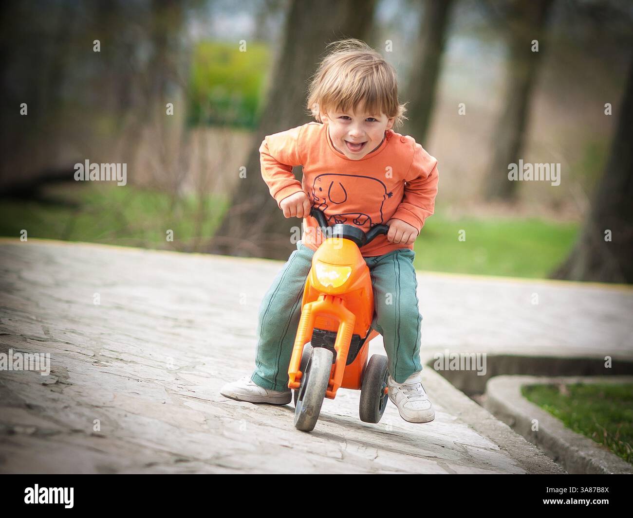 Ein kleiner Junge fährt fröhlich auf einem orangen Dreirad in einem Park, trägt ein orangenes Hemd und eine grüne Hose. Üppiges Grün umgibt ihn und schafft ein fröhliches Stockfoto
