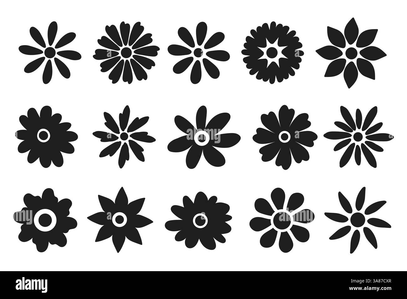 Silhouette Blumensymbole mit verschiedenen Blumenformen. Schwarzer Gänseblümchen- oder Kamillenblütenkopf. Symbolsatz für Frühlingsblumen Stock Vektor