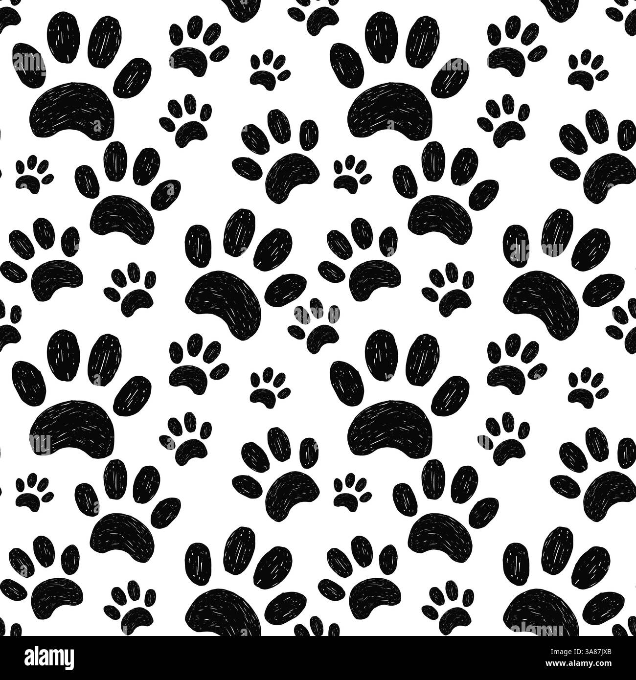 Nahtloses Pfotenmuster, gezeichnet im Stile- oder Buntstift-Stil. Lustiges, trendiges Buntstift-Muster mit Tierpfoten. Manuell auf Papier gezeichnet Stock Vektor