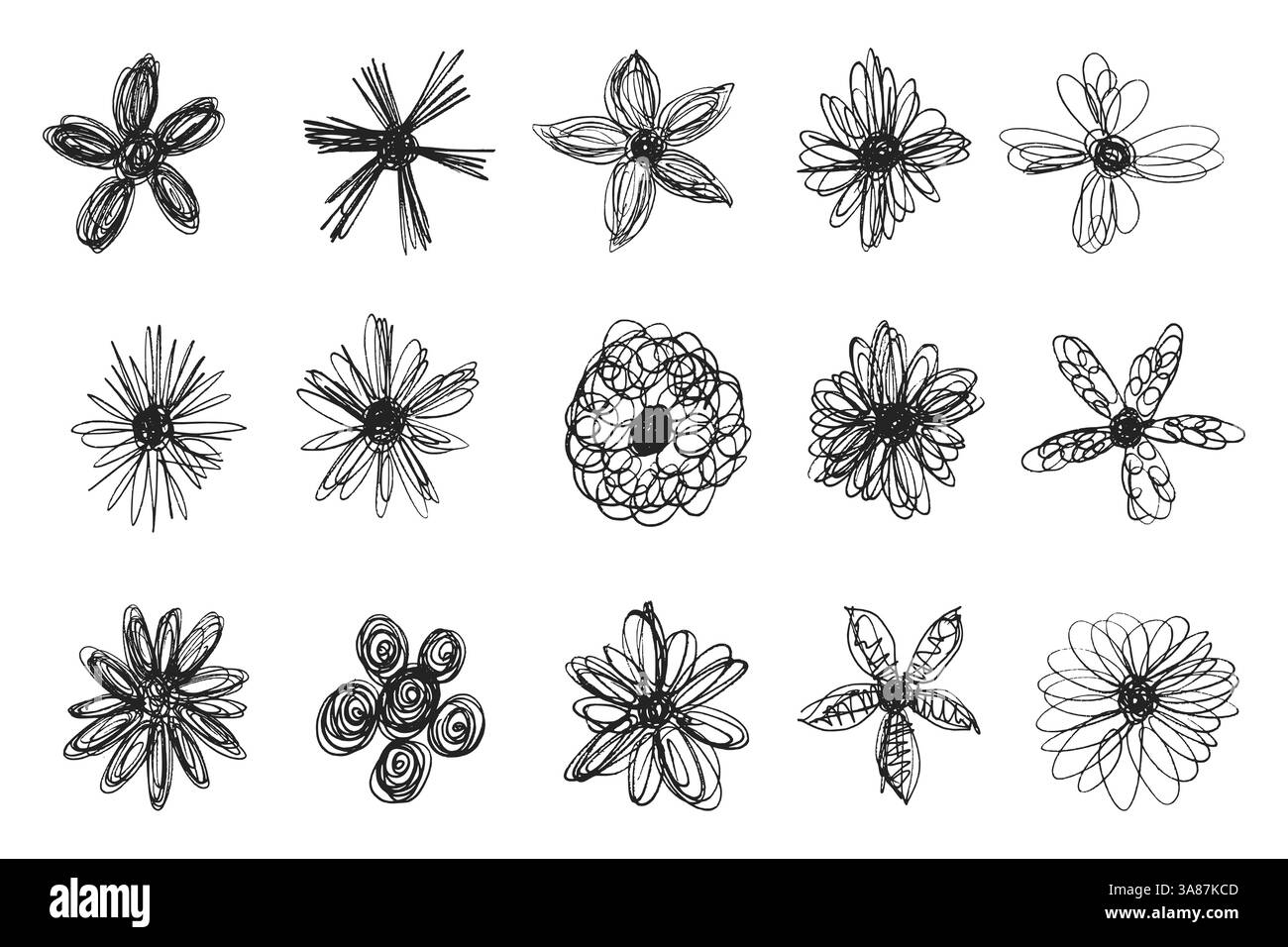 Set mit Scribble Blume, Set mit unordentlichen Linien und Blumenkopf. Verwirrte, chaotische Blumenkollektion von Crazy Lines. Unordentliche Linien zu kreativen Blumenformen. Stock Vektor