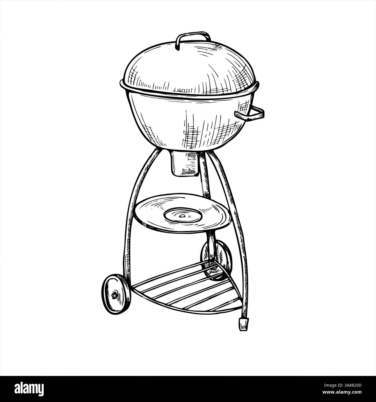 Kompakter Wasserkocher Grill mit Rädern Vektorillustration mit schwarzen Tinten gemalt. Ätzzeichnung eines modernen tragbaren BBQ mangal. Familienreisen Stock Vektor