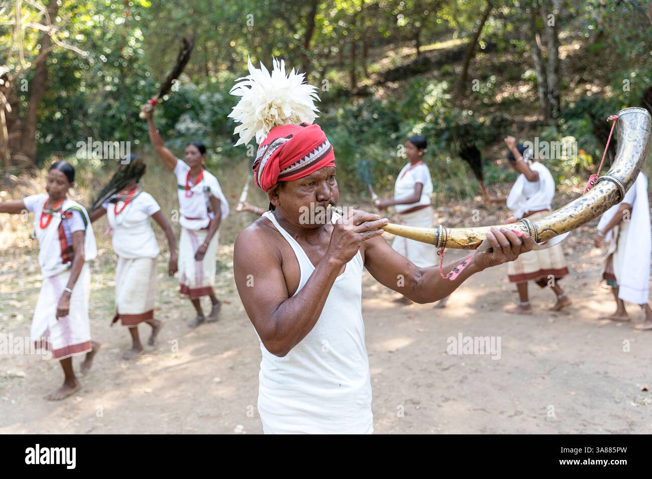 Frauen und Männer aus dem Stamm der Lanjia Saura in Orissa, Indien, Frauen in traditioneller weißer Kleidung und mit Schmuck, Männer spielen Musikinstrumente Stockfoto