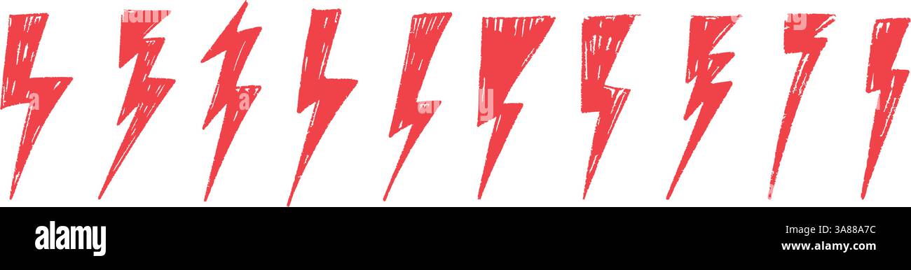 Rote, handgezeichnete Kritzelemente sorgen für Blitze, Gewitterblitz, Sketchkreide und Rock-Vibe. Illustration des flachen Vektors isoliert auf weißem Hintergrund Stock Vektor