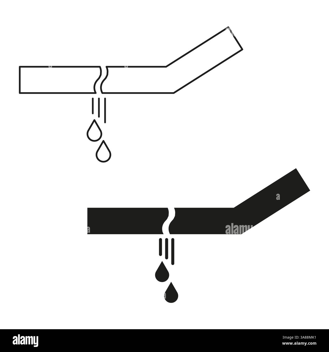 Symbol für undichte Leitung. Wassertropfendesign. Schwarzweiß-Grafik. Symbol für Probleme mit der Rohrleitung. Stock Vektor
