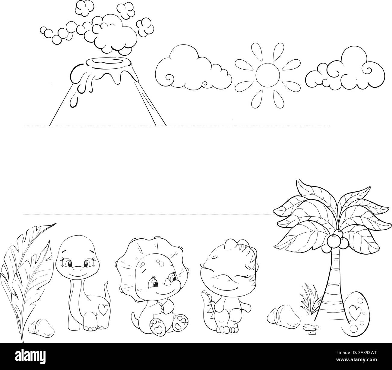 Naturrahmen aus Jurazeit, Vektorelemente, Natur, schwarzer Vulkan, Palme im Cartoon-Stil. Dinosaurierei Stock Vektor