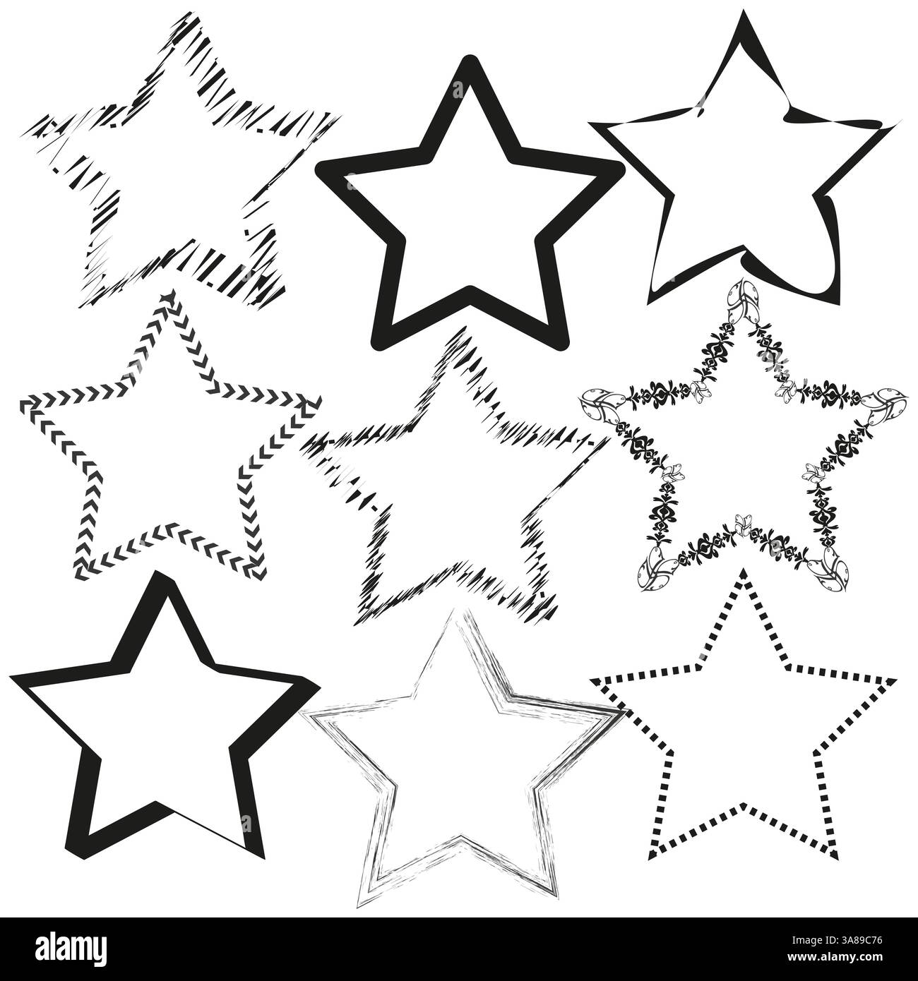 Stern umgibt Vektor. Verschiedene dekorative Formen. Schwarz-weiß-Design. Abstraktes minimales Bildmaterial. Stock Vektor