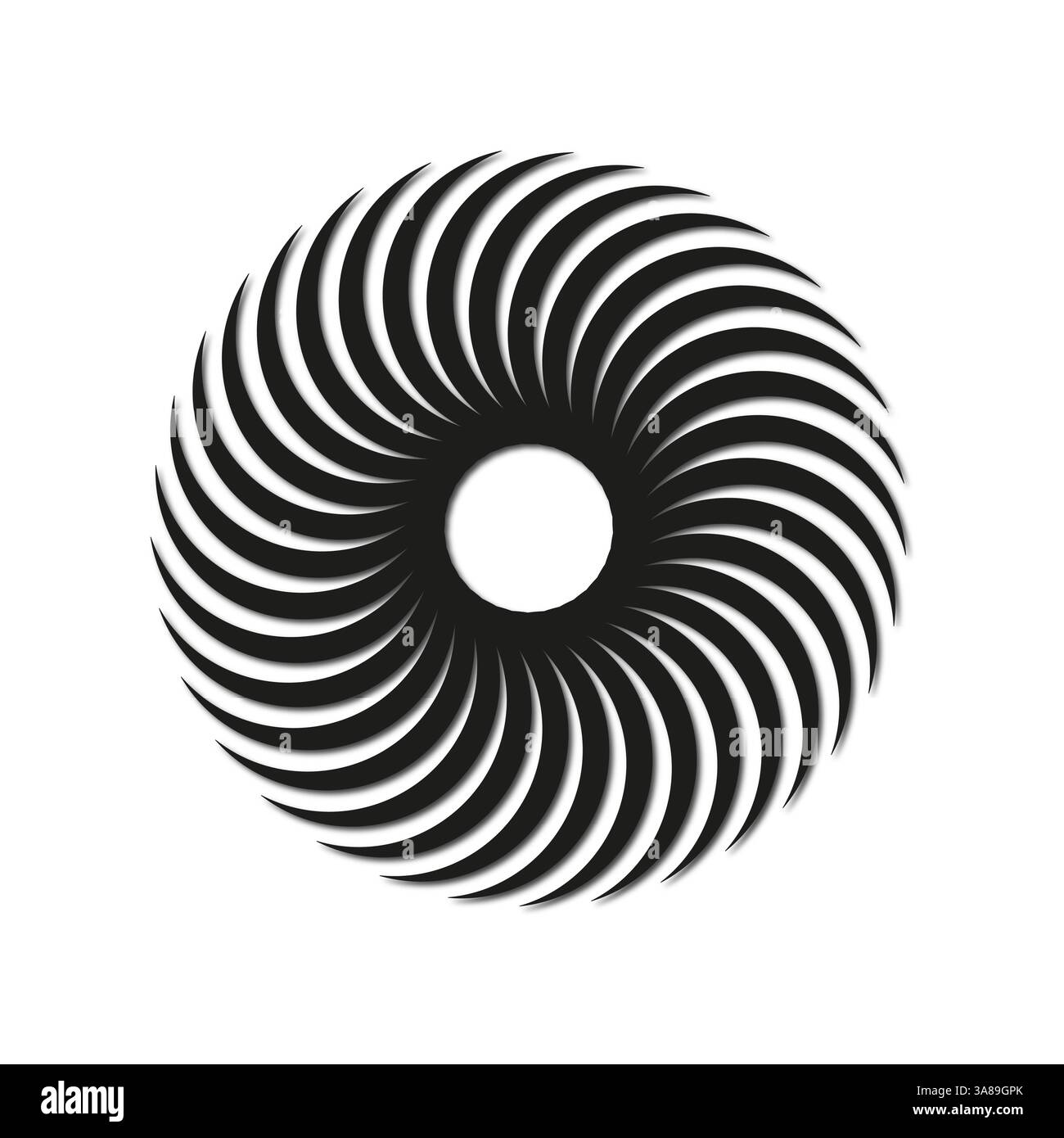 Symbol für radiale Spirale. Kreisförmige Drallform. Schwarzes abstraktes Muster. Weißer zentrierter Hintergrund. Stock Vektor